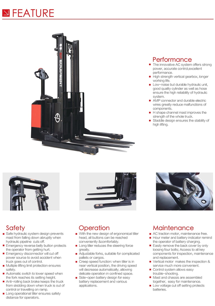 Xe nâng điện tay cao loại dắt lái, chân rộng nâng Pallet 2 mặt. Tải trọng nâng 1,4-1,8 tấn. Model ES14-30WA/ES18-40WA